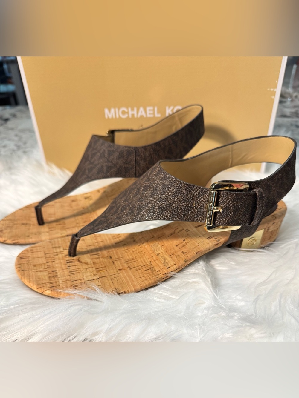 Michael Kors Brown Logo Cork Thong Sandals with Gold Buckle NEW in BOX